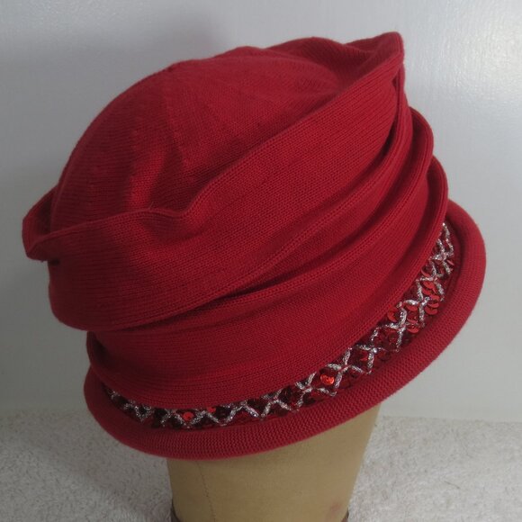 Parkhurst Hat Red Vintage Ladies Sequin Slouchy Cotton Knit Flower Size 7 3/8